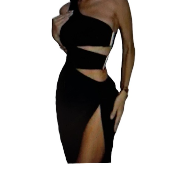 Midi Dress Black Side Slit Cutouts One Shoulder Asymmetrical Stretch Size M or 6 - Picture 3 of 12
